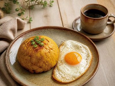 Bolón de verde dorado junto a un huevo frito y una taza de café