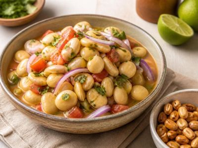 Bol de ceviche de chochos con tomate, cebolla colorada y cilantro, con tostado al lado