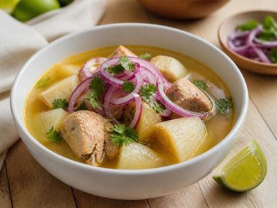 Plato de encebollado con atún, yuca, cebolla curtida y cilantro, con limón al lado