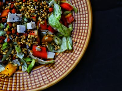 Ensalada de lentejas germinadas con pimiento rojo, tomate y hojas verdes