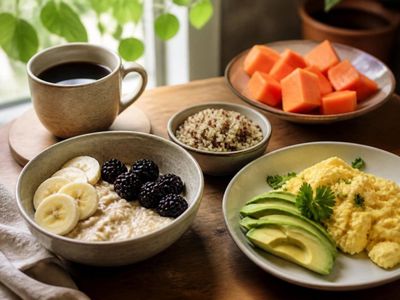 Desayuno saludable con avena, banano y moras, huevos revueltos con aguacate, papaya, quinua y café