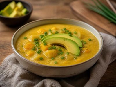 Tazón de locro de papa y zapallo con aguacate y cebollín