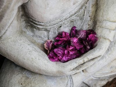Manos de una escultura de piedra en posición de meditación sosteniendo pétalos