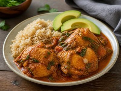 Plato de seco de pollo en salsa de tomate con arroz integral y aguacate